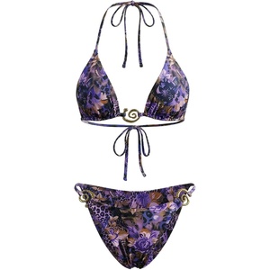 image:imageRoseSeek Womens 2 Piece Leopard Floral Bikini Sets Ring Triangle Halter Bathing Suit Tie Back SwimsuitMix Purple