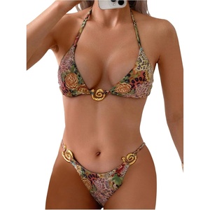 image:imageRoseSeek Womens 2 Piece Leopard Floral Bikini Sets Ring Triangle Halter Bathing Suit Tie Back SwimsuitMulticolor