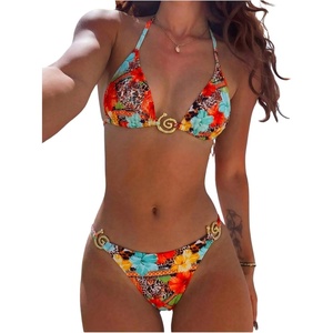 image:imageRoseSeek Womens 2 Piece Leopard Floral Bikini Sets Ring Triangle Halter Bathing Suit Tie Back SwimsuitRed and Blue