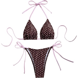image:imageRoseSeek Womens 2 Piece Polka Dots Bikini Sets High Waisted Triangle Halter String Thong SwimsuitBrown and Pink