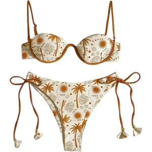 image:imageRoseSeek Womens 2 Piece Tropical Underwire Bathing Suit Spaghetti Strap Push Up Swimsuit Boho Bikini SetsBeige