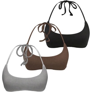 image:imageRoseSeek Womens 3 Packs Basic Backless Halter Top Slim Fit Micro Crop Camisole TopsGrey Brown Black