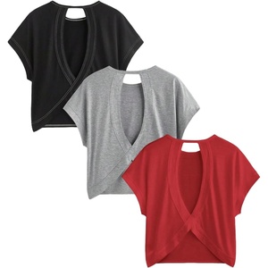 image:imageRoseSeek Womens 3 Packs Open Back Tops T Shirt Criss Cross Cut Out Tee Short Sleeve Crewneck Summer Backless TopsBlack Red Grey