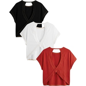 image:imageRoseSeek Womens 3 Packs Open Back Tops T Shirt Criss Cross Cut Out Tee Short Sleeve Crewneck Summer Backless TopsBlack Red Pink