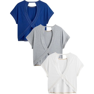 image:imageRoseSeek Womens 3 Packs Open Back Tops T Shirt Criss Cross Cut Out Tee Short Sleeve Crewneck Summer Backless TopsBlue White Grey