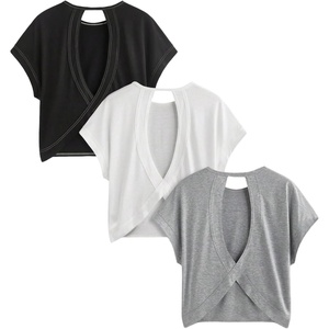 image:imageRoseSeek Womens 3 Packs Open Back Tops T Shirt Criss Cross Cut Out Tee Short Sleeve Crewneck Summer Backless TopsMulticolor