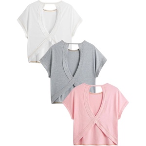 image:imageRoseSeek Womens 3 Packs Open Back Tops T Shirt Criss Cross Cut Out Tee Short Sleeve Crewneck Summer Backless TopsPink Grey White