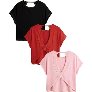 image:imageRoseSeek Womens 3 Packs Open Back Tops T Shirt Criss Cross Cut Out Tee Short Sleeve Crewneck Summer Backless TopsPink Red Black