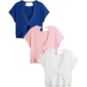 image:imageRoseSeek Womens 3 Packs Open Back Tops T Shirt Criss Cross Cut Out Tee Short Sleeve Crewneck Summer Backless TopsWhite Pink Blue
