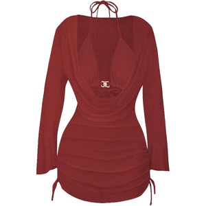 image:imageRoseSeek Womens 3 Piece Bikini Sets Halter Neck Bras and Panties with V Neck Long Sleeve Cover UpsRed
