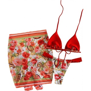 image:imageRoseSeek Womens 3 Piece Floral Bikini Sets Halter Bras and Thongs with Tie Front Skirts Summer BeachwearRed