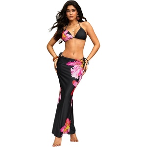 image:imageRoseSeek Womens 3 Piece Floral Swimsuit Halter Triangle String Bikini with Bodycon Beach Skirts Cover UpBlack