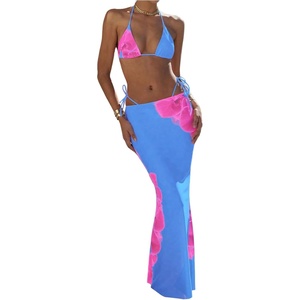 image:imageRoseSeek Womens 3 Piece Floral Swimsuit Halter Triangle String Bikini with Bodycon Beach Skirts Cover UpBlue and Pink