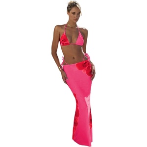 image:imageRoseSeek Womens 3 Piece Floral Swimsuit Halter Triangle String Bikini with Bodycon Beach Skirts Cover UpFloral Hot Pink