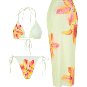 image:imageRoseSeek Womens 3 Piece Floral Swimsuit Halter Triangle String Bikini with Bodycon Beach Skirts Cover UpLight Pure Yellow