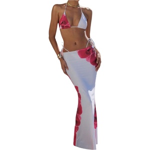 image:imageRoseSeek Womens 3 Piece Floral Swimsuit Halter Triangle String Bikini with Bodycon Beach Skirts Cover UpWhite
