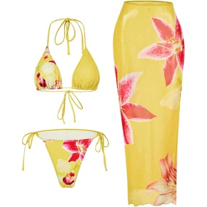image:imageRoseSeek Womens 3 Piece Floral Swimsuit Halter Triangle String Bikini with Bodycon Beach Skirts Cover UpYellow and Pink