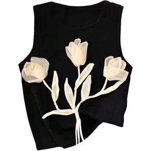 image:imageRoseSeek Womens 3D Floral Tank Top Crew Neck Tulip Applique Summer Casual Sleeveless Going Out TopsBlack