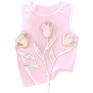 image:imageRoseSeek Womens 3D Floral Tank Top Crew Neck Tulip Applique Summer Casual Sleeveless Going Out TopsLight Pink