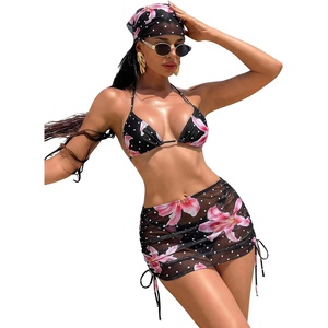 image:imageRoseSeek Womens 4 Piece Swimsuits Floral Cheetah Bikini Sets Bathing Suit with Mesh Cover Up Skirt amp BandanaFloral Black