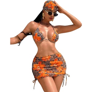image:imageRoseSeek Womens 4 Piece Swimsuits Floral Cheetah Bikini Sets Bathing Suit with Mesh Cover Up Skirt amp BandanaOrange Cheetah