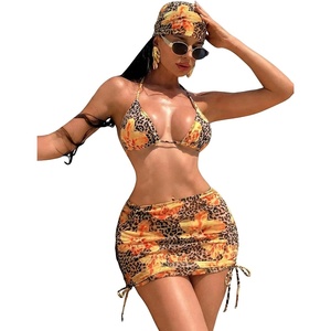 image:imageRoseSeek Womens 4 Piece Swimsuits Floral Cheetah Bikini Sets Bathing Suit with Mesh Cover Up Skirt amp BandanaYellow Cheetah