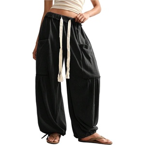 image:imageRoseSeek Womens Baggy Boho Harem Pants Drawstring Waist Wide Leg Sweatpants Casual Trousers Joggers with PocketsBlack