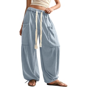 image:imageRoseSeek Womens Baggy Boho Harem Pants Drawstring Waist Wide Leg Sweatpants Casual Trousers Joggers with PocketsBlue