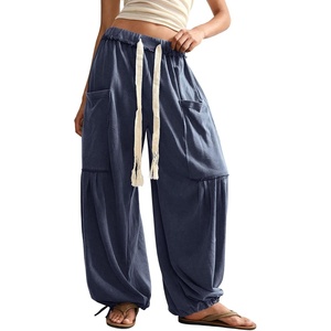 image:imageRoseSeek Womens Baggy Boho Harem Pants Drawstring Waist Wide Leg Sweatpants Casual Trousers Joggers with PocketsMedium Blue