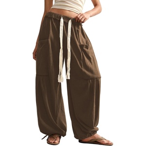 image:imageRoseSeek Womens Baggy Boho Harem Pants Drawstring Waist Wide Leg Sweatpants Casual Trousers Joggers with PocketsWarm Brown