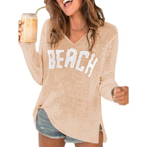 image:imageRoseSeek Womens Beach Cover Ups Letter Long Sleeve V Neck Beach Sweater Split Hem Knit Crochet Tops Pullovers Jumper TopApricot and White