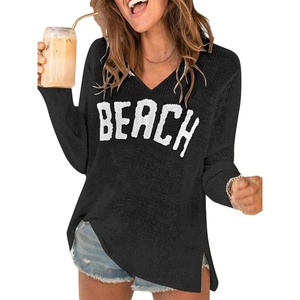 image:imageRoseSeek Womens Beach Cover Ups Letter Long Sleeve V Neck Beach Sweater Split Hem Knit Crochet Tops Pullovers Jumper TopBlack