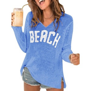 image:imageRoseSeek Womens Beach Cover Ups Letter Long Sleeve V Neck Beach Sweater Split Hem Knit Crochet Tops Pullovers Jumper TopBlue