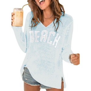 image:imageRoseSeek Womens Beach Cover Ups Letter Long Sleeve V Neck Beach Sweater Split Hem Knit Crochet Tops Pullovers Jumper TopBright Blue