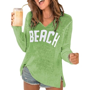 image:imageRoseSeek Womens Beach Cover Ups Letter Long Sleeve V Neck Beach Sweater Split Hem Knit Crochet Tops Pullovers Jumper TopGreen