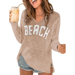 image:imageRoseSeek Womens Beach Cover Ups Letter Long Sleeve V Neck Beach Sweater Split Hem Knit Crochet Tops Pullovers Jumper TopKhaki