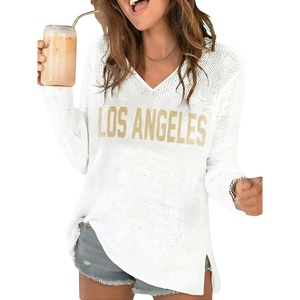 image:imageRoseSeek Womens Beach Cover Ups Letter Long Sleeve V Neck Beach Sweater Split Hem Knit Crochet Tops Pullovers Jumper TopLetter White