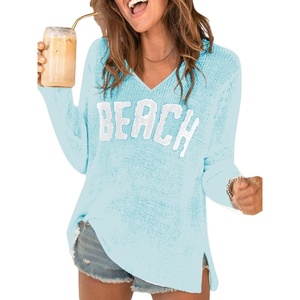 image:imageRoseSeek Womens Beach Cover Ups Letter Long Sleeve V Neck Beach Sweater Split Hem Knit Crochet Tops Pullovers Jumper TopLight Mint Blue