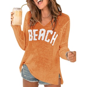 image:imageRoseSeek Womens Beach Cover Ups Letter Long Sleeve V Neck Beach Sweater Split Hem Knit Crochet Tops Pullovers Jumper TopLight Orange