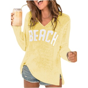 image:imageRoseSeek Womens Beach Cover Ups Letter Long Sleeve V Neck Beach Sweater Split Hem Knit Crochet Tops Pullovers Jumper TopLight Yellow