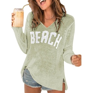 image:imageRoseSeek Womens Beach Cover Ups Letter Long Sleeve V Neck Beach Sweater Split Hem Knit Crochet Tops Pullovers Jumper TopMint Green
