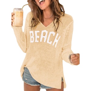 image:imageRoseSeek Womens Beach Cover Ups Letter Long Sleeve V Neck Beach Sweater Split Hem Knit Crochet Tops Pullovers Jumper TopOrange