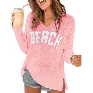 image:imageRoseSeek Womens Beach Cover Ups Letter Long Sleeve V Neck Beach Sweater Split Hem Knit Crochet Tops Pullovers Jumper TopPink
