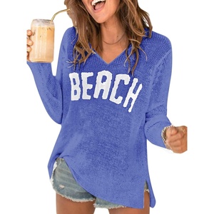 image:imageRoseSeek Womens Beach Cover Ups Letter Long Sleeve V Neck Beach Sweater Split Hem Knit Crochet Tops Pullovers Jumper TopRoyal Blue