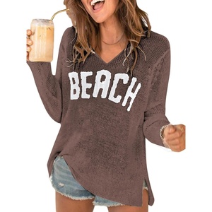 image:imageRoseSeek Womens Beach Cover Ups Letter Long Sleeve V Neck Beach Sweater Split Hem Knit Crochet Tops Pullovers Jumper TopRust Brown