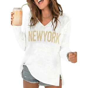 image:imageRoseSeek Womens Beach Cover Ups Letter Long Sleeve V Neck Beach Sweater Split Hem Knit Crochet Tops Pullovers Jumper TopWhite and Beige