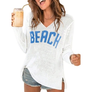 image:imageRoseSeek Womens Beach Cover Ups Letter Long Sleeve V Neck Beach Sweater Split Hem Knit Crochet Tops Pullovers Jumper TopWhite and Blue