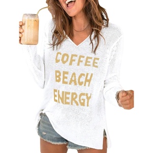 image:imageRoseSeek Womens Beach Cover Ups Letter Long Sleeve V Neck Beach Sweater Split Hem Knit Crochet Tops Pullovers Jumper TopWhite and Khaki