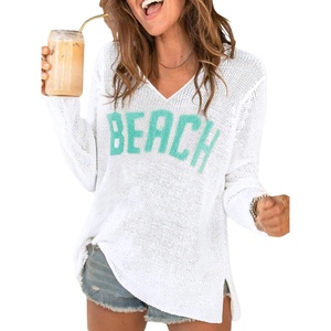 image:imageRoseSeek Womens Beach Cover Ups Letter Long Sleeve V Neck Beach Sweater Split Hem Knit Crochet Tops Pullovers Jumper TopWhite and Mint Green