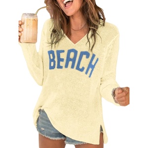 image:imageRoseSeek Womens Beach Cover Ups Letter Long Sleeve V Neck Beach Sweater Split Hem Knit Crochet Tops Pullovers Jumper TopYellow and Blue